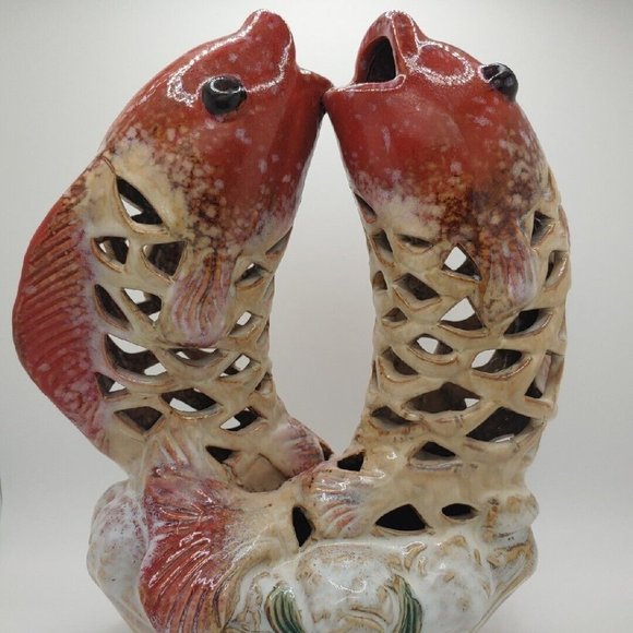 Chinese Carp 10" Ceramic Statue fish Gulp Colorful ocean art Sancai JALI Style - Picture 6 of 10
